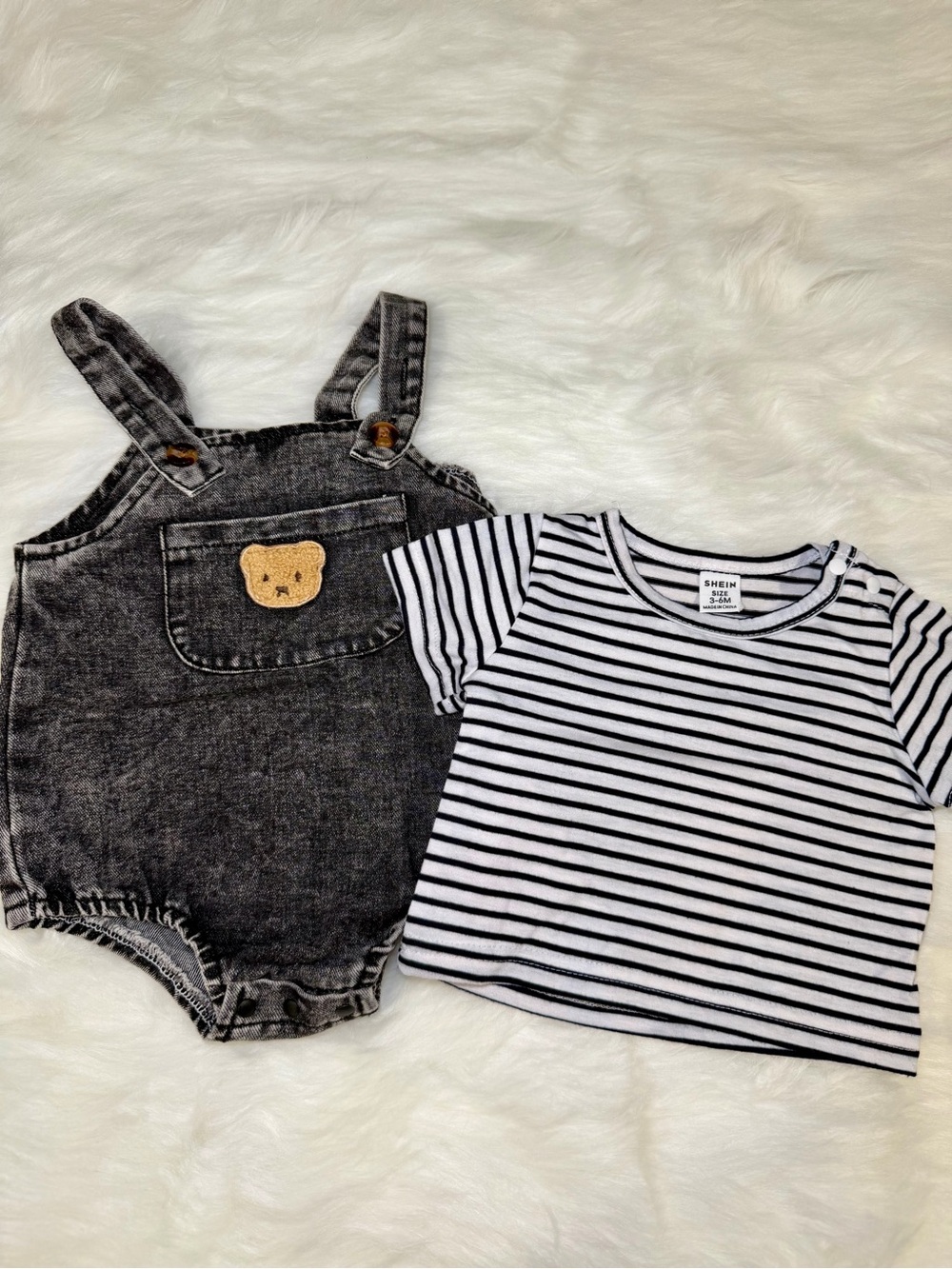 SHEIN Black Washed Denim Bear Overall with Black & White Stripe Tee